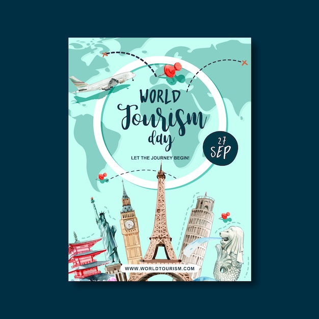 Diseño del cartel del día del turismo con ruta de vuelo, itinerario, mundo, plan