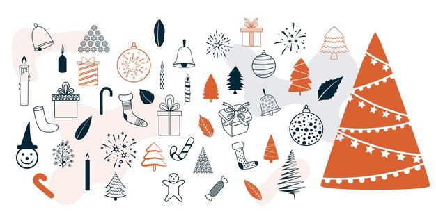 Diseño de cartel de elementos decorativos de navidad dibujados a mano en conjunto