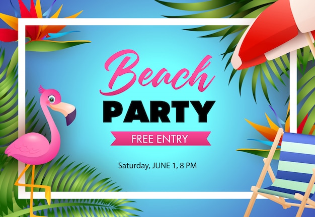 Diseño de cartel de fiesta en la playa. Flamenco rosa, silla de playa.