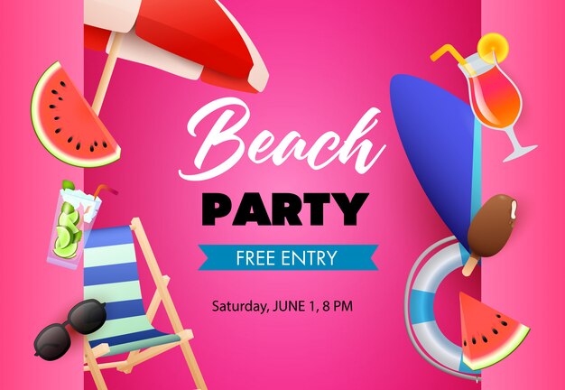 Diseño de cartel de fiesta en la playa. Sandia, coctel