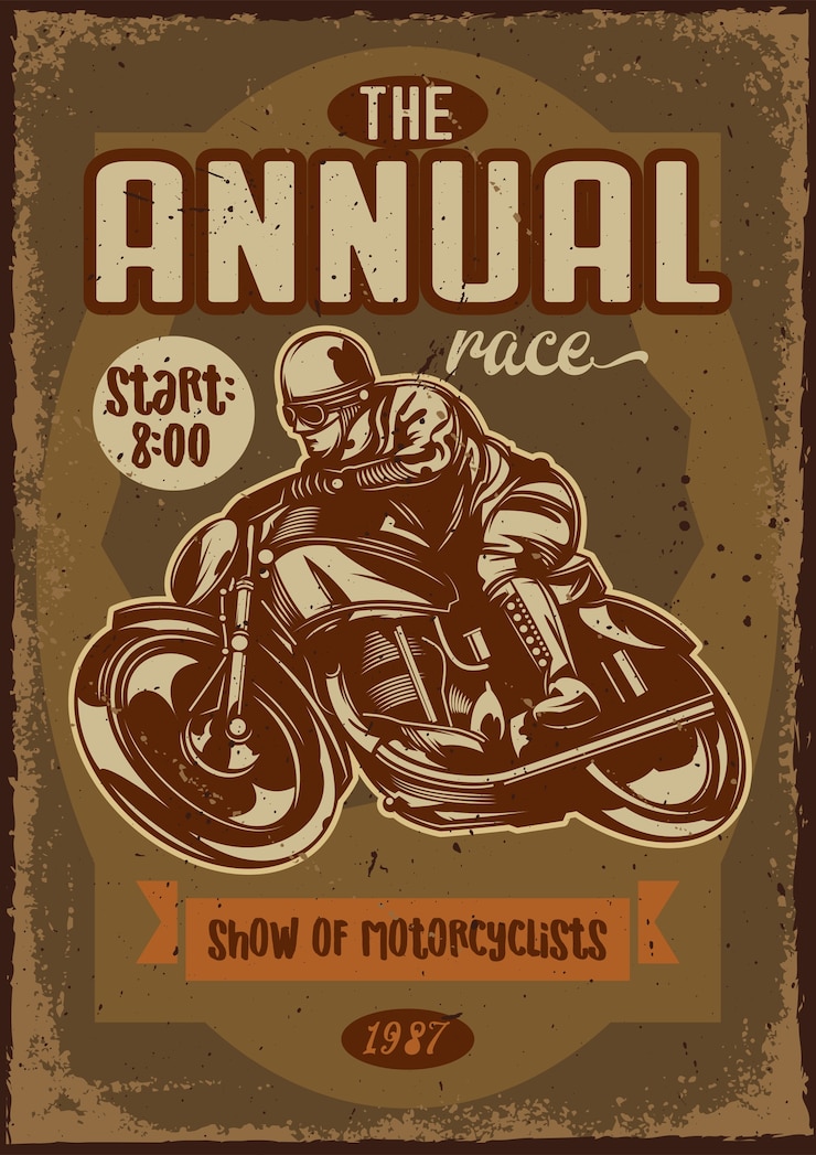 Vector gratuito diseño de cartel con ilustración de una motocicleta y un piloto sobre fondo vintage.