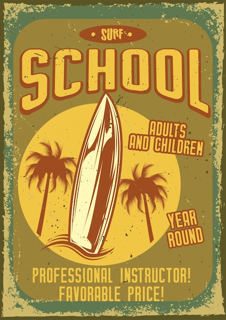 Diseño de cartel con ilustración de una tabla de surf y palmeras.