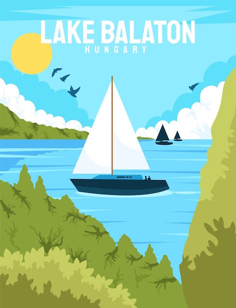 Vector gratuito diseño de cartel de lago balaton dibujado a mano