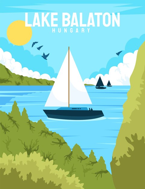 Diseño de cartel de lago balaton dibujado a mano