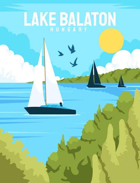 Diseño de cartel de lago balaton dibujado a mano