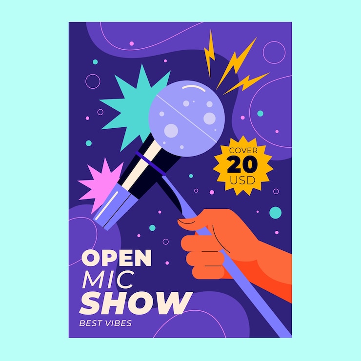 Vector gratuito diseño de cartel de micrófono abierto de diseño plano