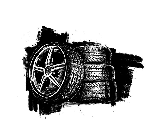 Diseño de cartel de neumático de rueda de coche Ilustración de vector de boceto dibujado a mano