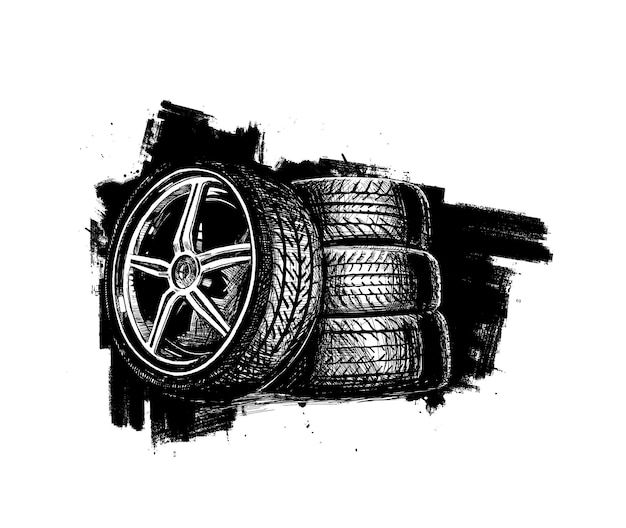 Diseño de cartel de neumático de rueda de coche Ilustración de vector de boceto dibujado a mano