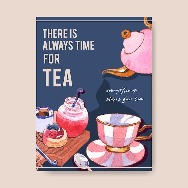 Diseño de cartel de postre con la hora del té, mermelada, chocolate, café, tarta de queso ilustración acuarela.