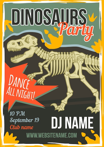 Diseño de cartel publicitario con ilustración de dinosaurio.