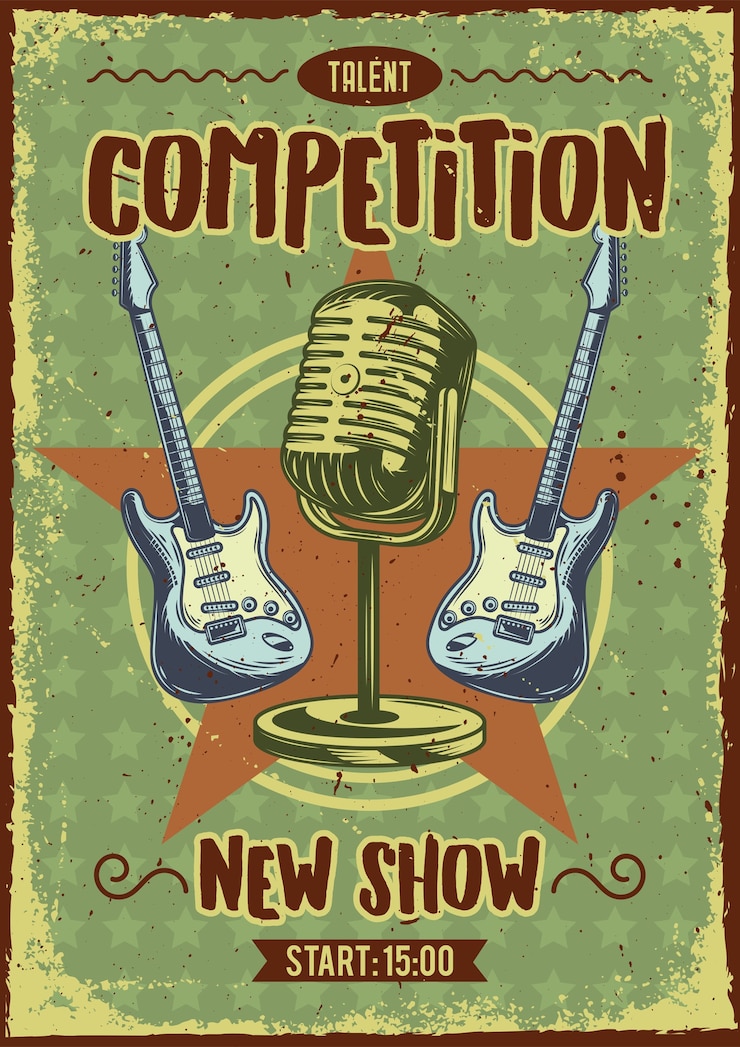 Vector gratuito diseño de cartel publicitario con ilustración de micrófono y guitarras