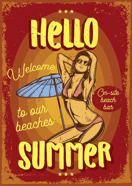 Vector gratuito diseño de cartel publicitario con ilustración de una niña en la playa