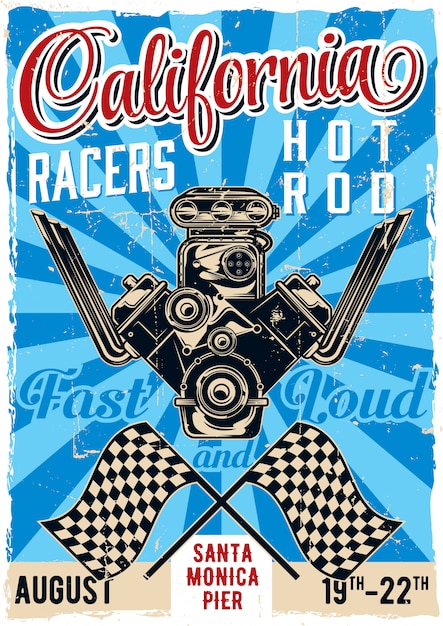 Vector gratuito diseño de cartel vintage de tema hot rod con ilustración de motor potente