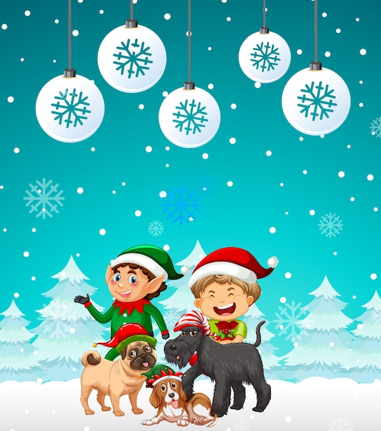 Diseño de carteles de Navidad con dos duendes y perros en centrico nevado