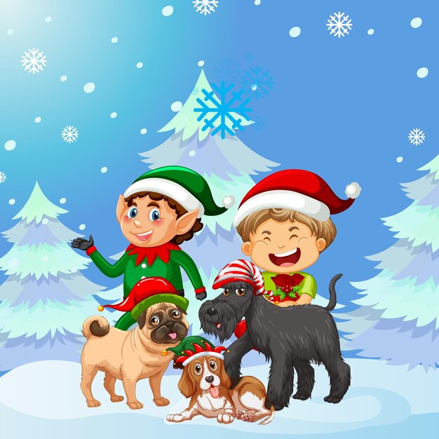 Diseño de carteles navideños con elfos y perros sobre fondo nevado