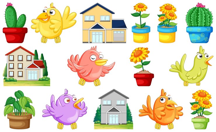 Vector gratuito diseño de casas y pájaros coloridos.