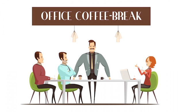 Diseño de coffee break de oficina con mujer alegre.