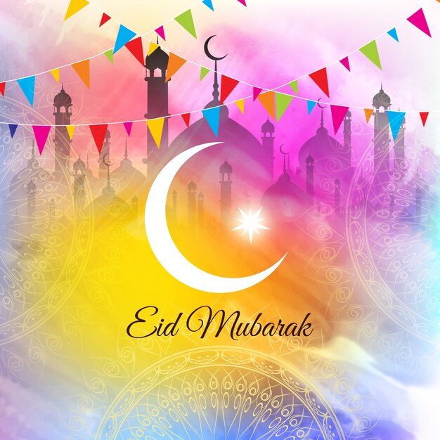 Diseño colorido de acuarela vectorial de eid mubarak