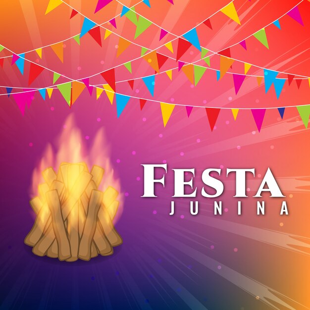 Diseño colorido para festa junina con hoguera y guirnaldas