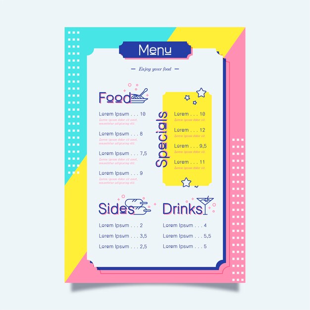 Diseño colorido para plantilla de menú de restaurante