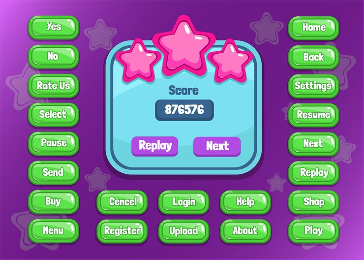 Vector gratuito diseño para un conjunto completo de elementos emergentes, iconos, ventanas y elementos emergentes del juego de botones de puntuación para crear videojuegos de rol medievales