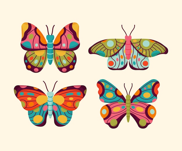 Vector gratuito diseño de conjunto de mariposas dibujado a mano