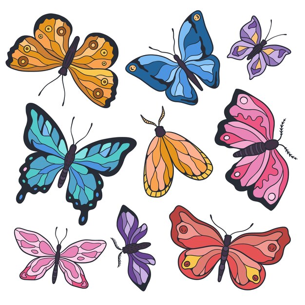 Diseño de conjunto de mariposas dibujado a mano