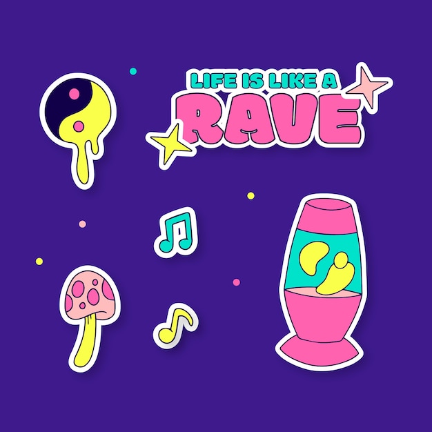 Diseño de conjunto de pegatinas de fiesta rave