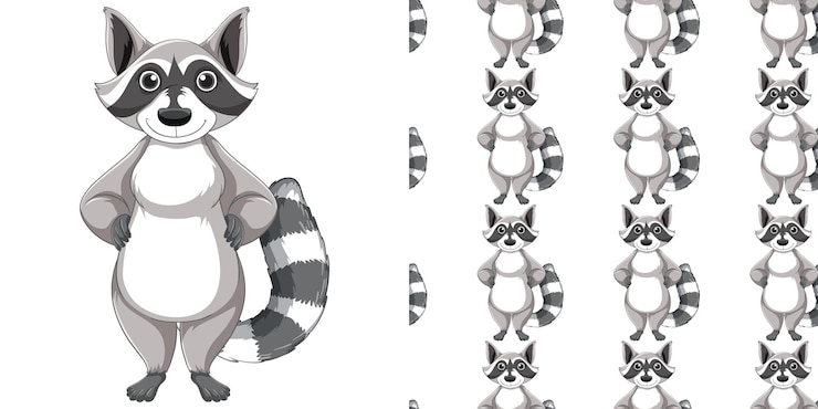 Vector gratuito diseño sin costuras de mapache sobre fondo blanco