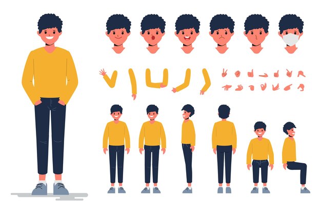 Diseño de creación de personajes de hombre joven para diseño plano de dibujos animados de animación