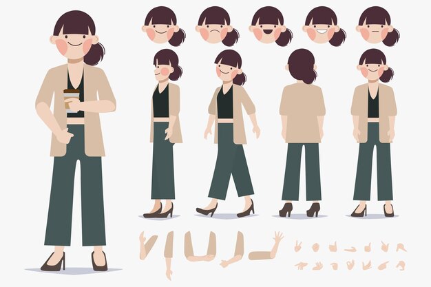 Diseño de creación de personajes de mujer joven para diseño plano de dibujos animados de animación