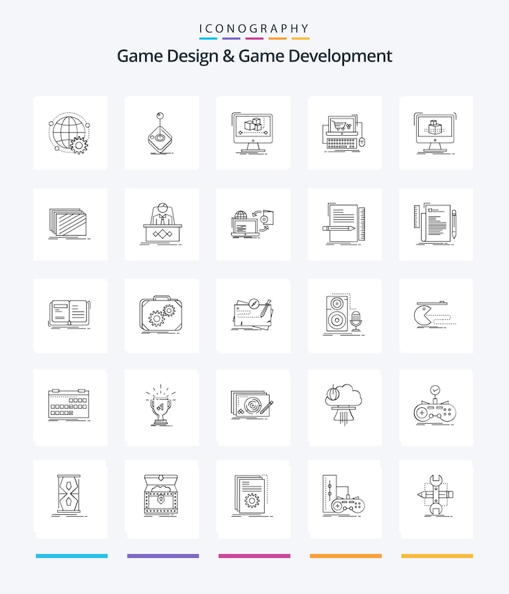 Vector gratuito diseño creativo de juegos y desarrollo de juegos 25 paquete de iconos de esquema, como el editor de software de joystick del carro de la tienda