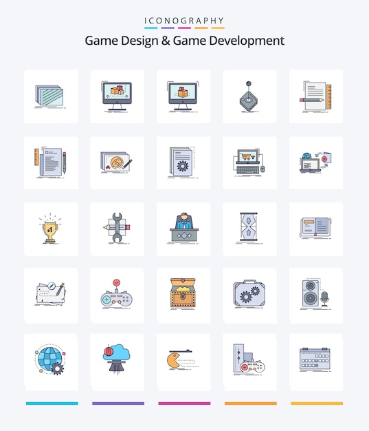 Diseño creativo de juegos y desarrollo de juegos Paquete de íconos llenos de 25 líneas, como juegos de arcade, monitores, bocetos dimensionales