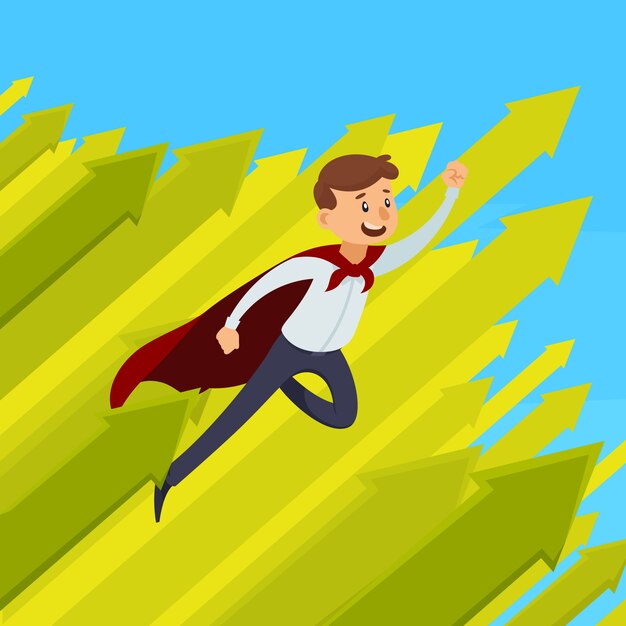 El diseño del crecimiento de la carrera con el hombre de negocios del vuelo en capa roja en fondo azul con las flechas verdes vector el ejemplo