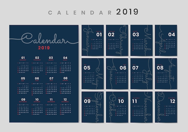 Vector gratuito diseño cursivo maqueta calendario