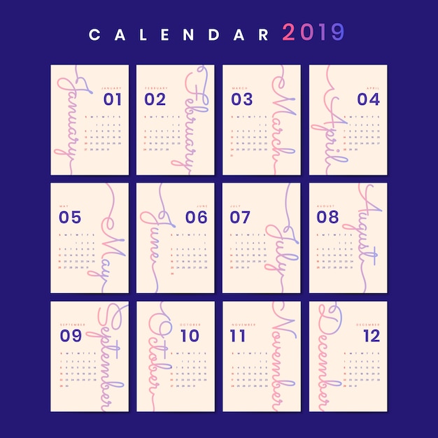 Vector gratuito diseño cursivo maqueta calendario