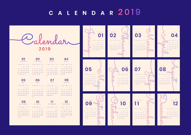 Vector gratuito diseño cursivo maqueta calendario