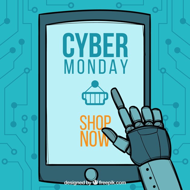 Diseño de cyber monday con robot y tablet