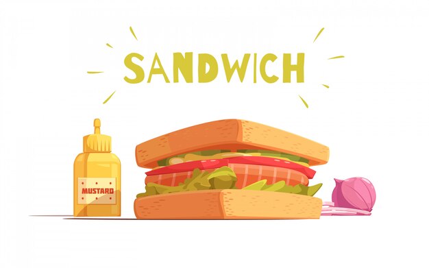 Diseño de dibujos animados en sándwich con tostadas Ensalada de tomate de salmón Rodajas de cebolla y mostaza