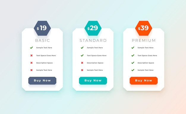 diseño del diseño del plan de precios de tres opciones de suscripción