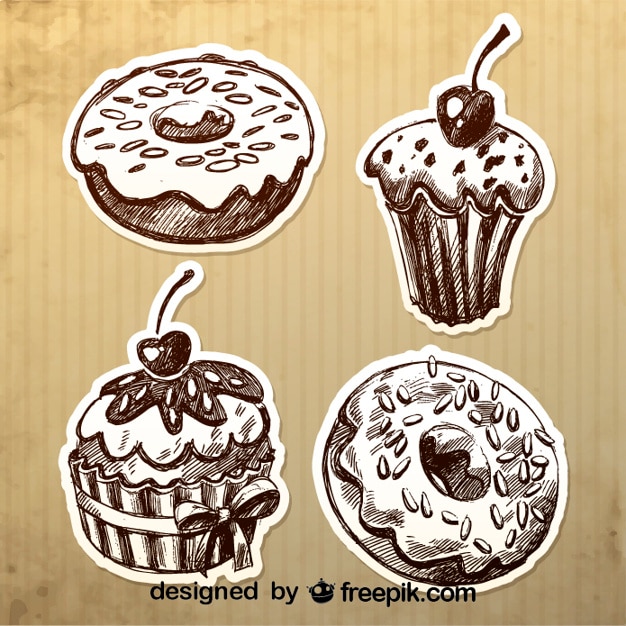 Vector gratuito diseño de donas y cupcakes retro dibujadas a mano