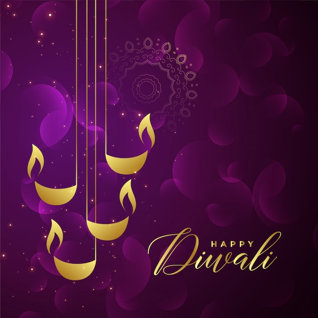 Diseño dorado creativo del diya de diwali en fondo brillante púrpura