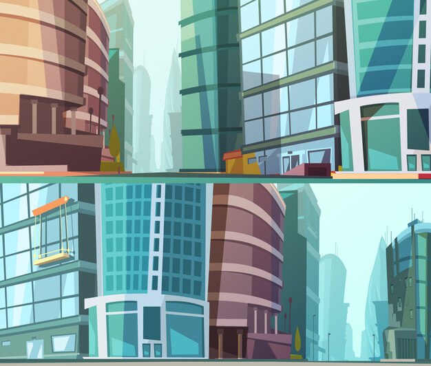 Diseño de edificios de paredes de vidrio modernos vista a la calle cerca de 2 dibujos animados estilo fondo conjunto ilustración vectorial abstracta