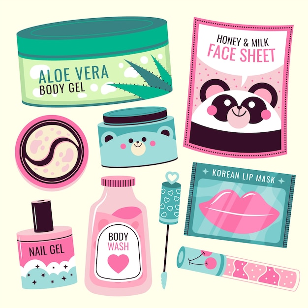 Diseño de elementos de belleza coreanos dibujados a mano.