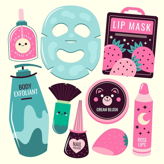 Diseño de elementos de belleza coreanos dibujados a mano.