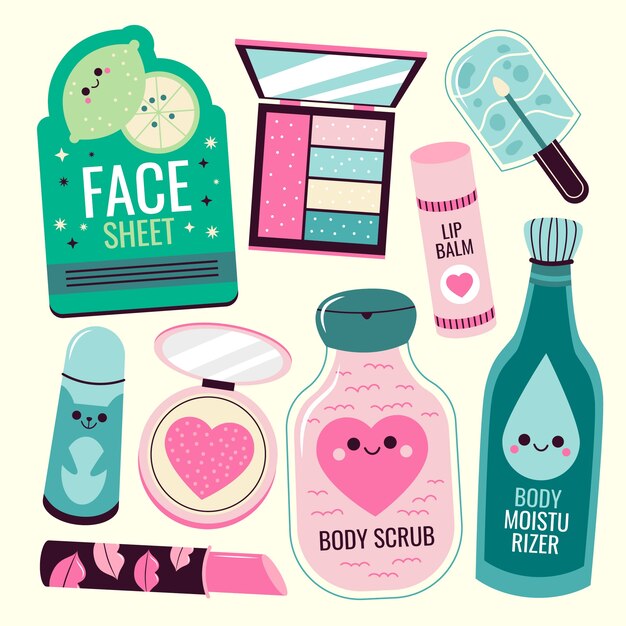 Diseño de elementos de belleza coreanos dibujados a mano.