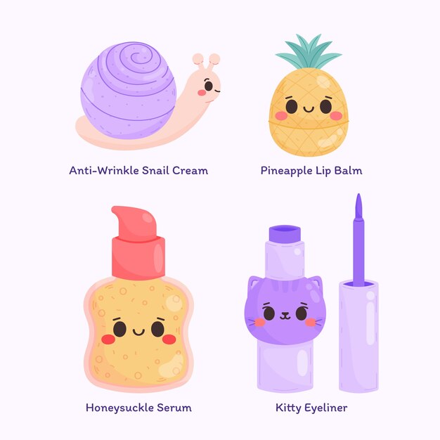 Diseño de elementos de belleza coreanos dibujados a mano.