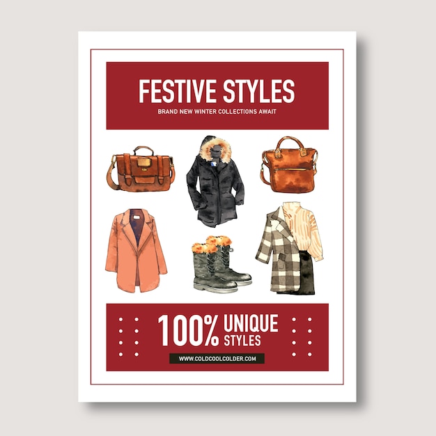 Vector gratuito diseño de estilo de invierno con botas, bolso, abrigo, camisa, ilustración acuarela