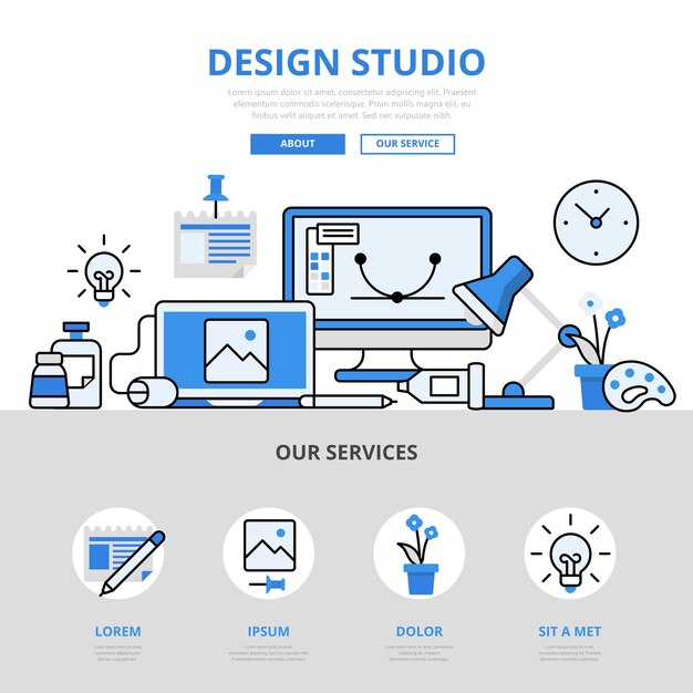 Diseño de estilo de línea plana del concepto de cartera de dispositivos de lugar de trabajo de estudio.