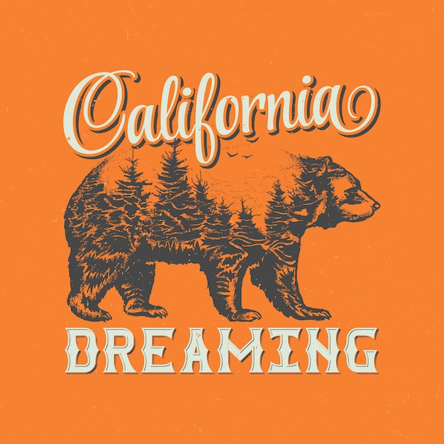 Vector gratuito diseño de etiqueta de camiseta de ensueño de california con ilustración de silueta de oso.